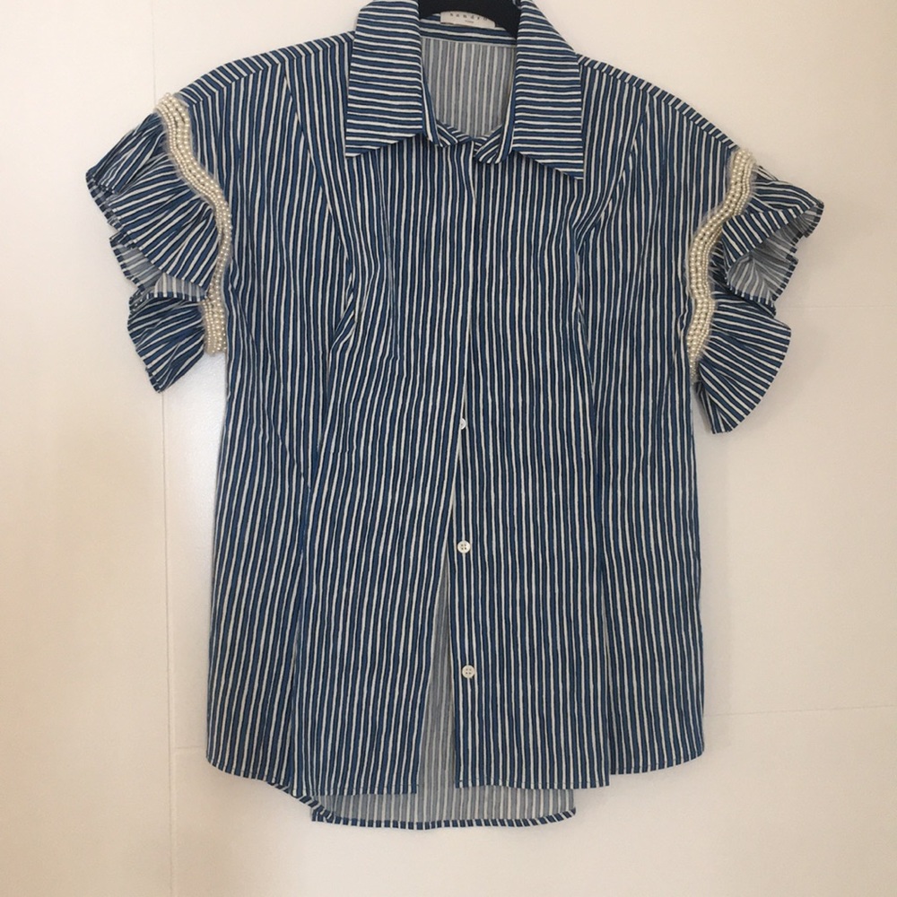 Sandro Blue Striped Blouse with White Accents